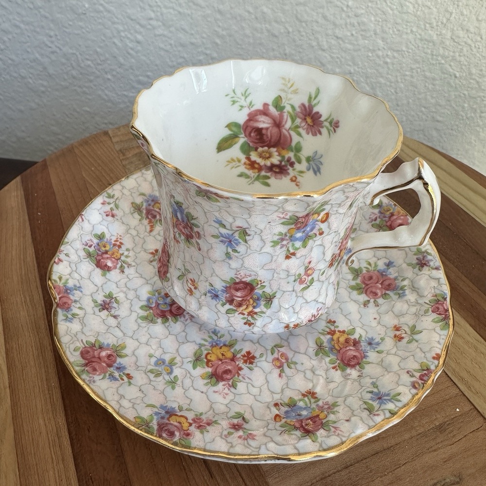VTG Hammersley Co England Bone China Teacup w‎ Saucer Rose Flowers Pink 2348